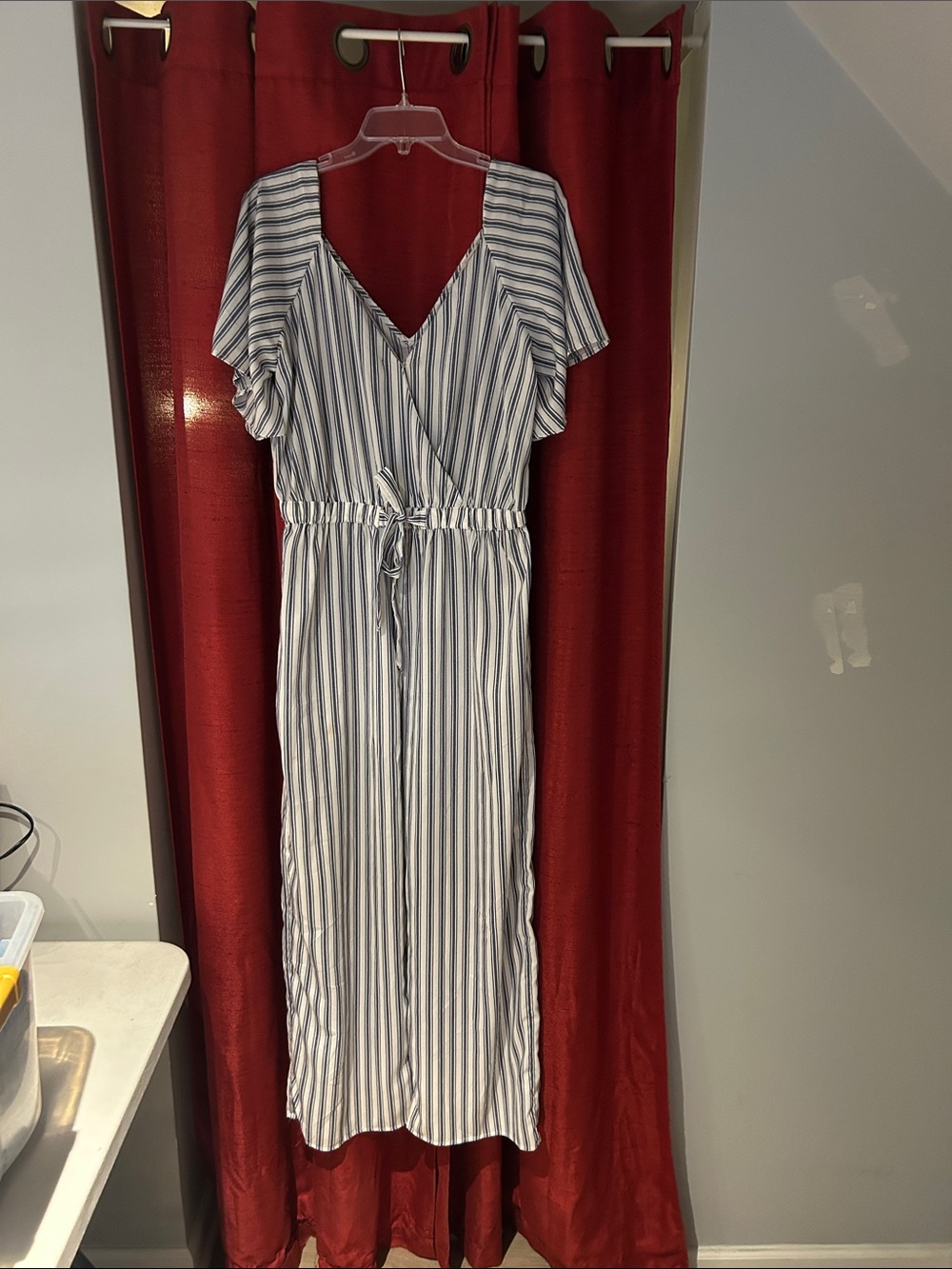 indulge Blue and White Striped V-Neck Jumpsuit